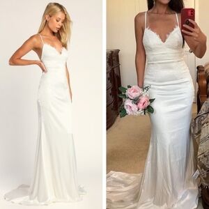 NWT Lulus Fantasy Come True White Lace Satin Lace-Up Maxi Dress size 10 bridal